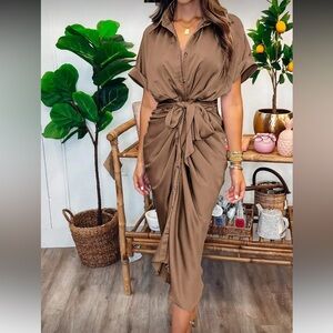 Elegant Brown Tie-Front Satin Dress